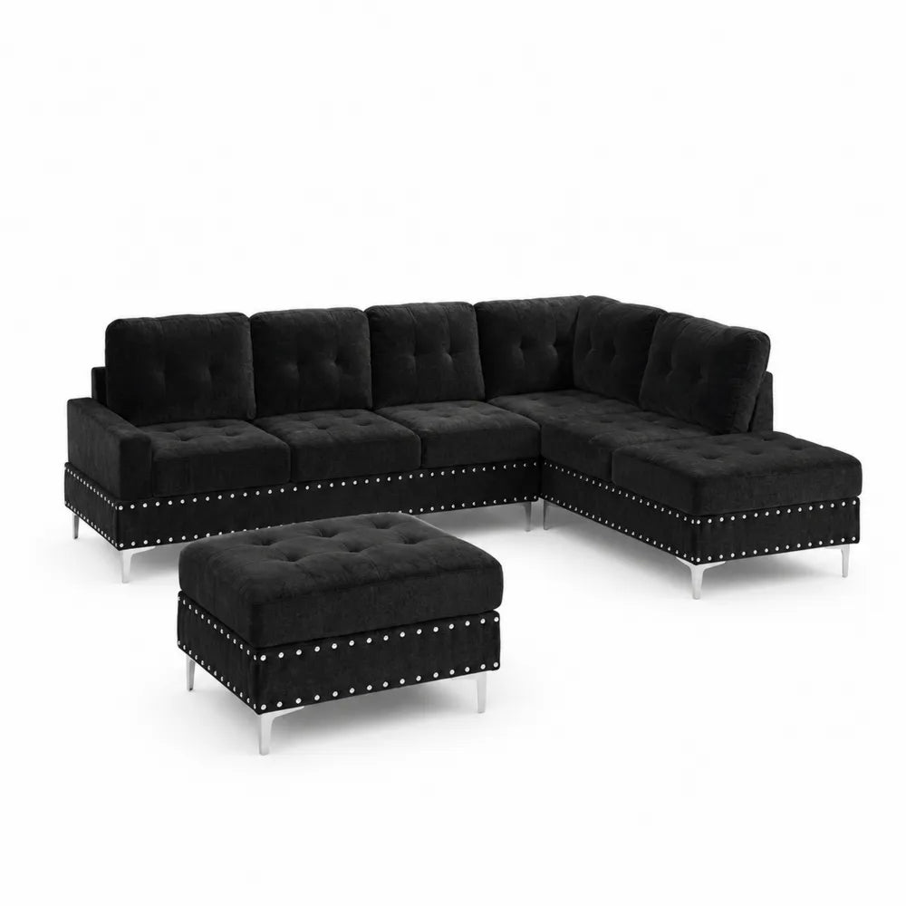 Ecksofa-Set aus Samt mit Hocker und Metallbeinen Schwarz