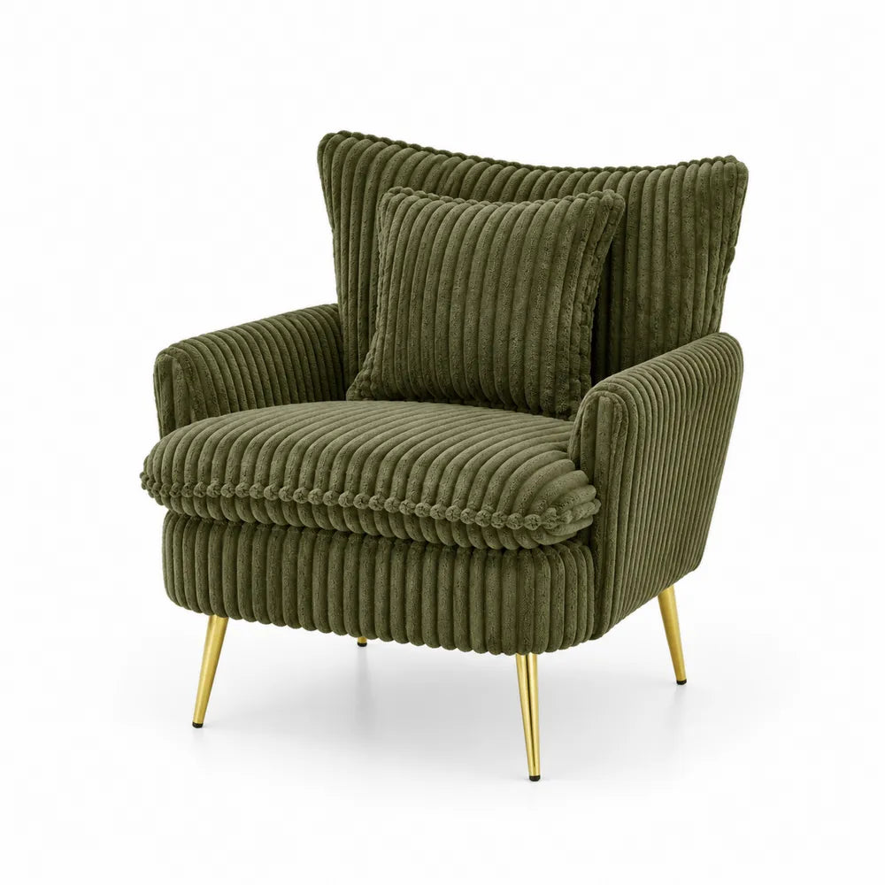 Grüner Cord-Sessel mit goldenen Metallbeinen