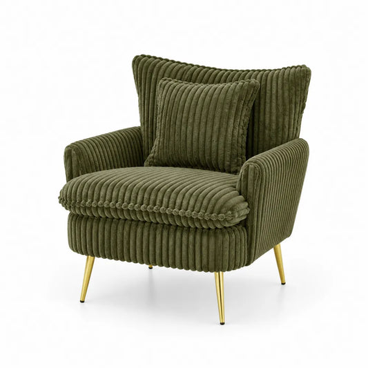 Grüner Cord-Sessel mit goldenen Metallbeinen